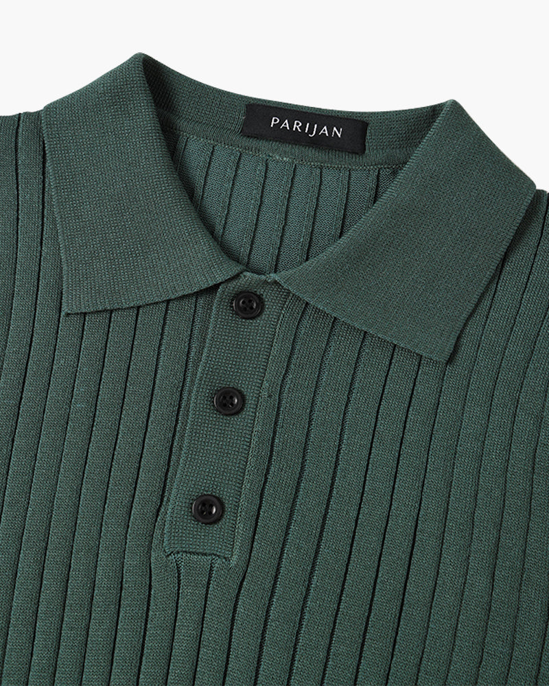 Men's knitted cotton ribbed polo shirt with button collar, short sleeves