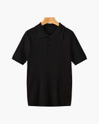 Men's knitted cotton ribbed polo shirt with button collar, short sleeves