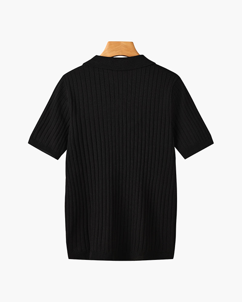 Men's knitted cotton ribbed polo shirt with button collar, short sleeves