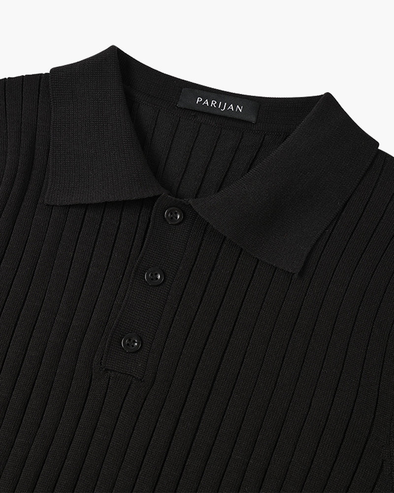 Men's knitted cotton ribbed polo shirt with button collar, short sleeves