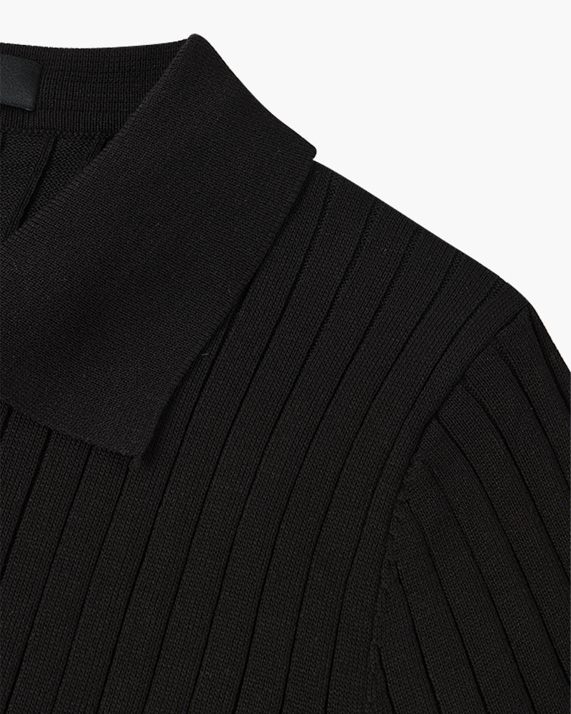 Men's knitted cotton ribbed polo shirt with button collar, short sleeves
