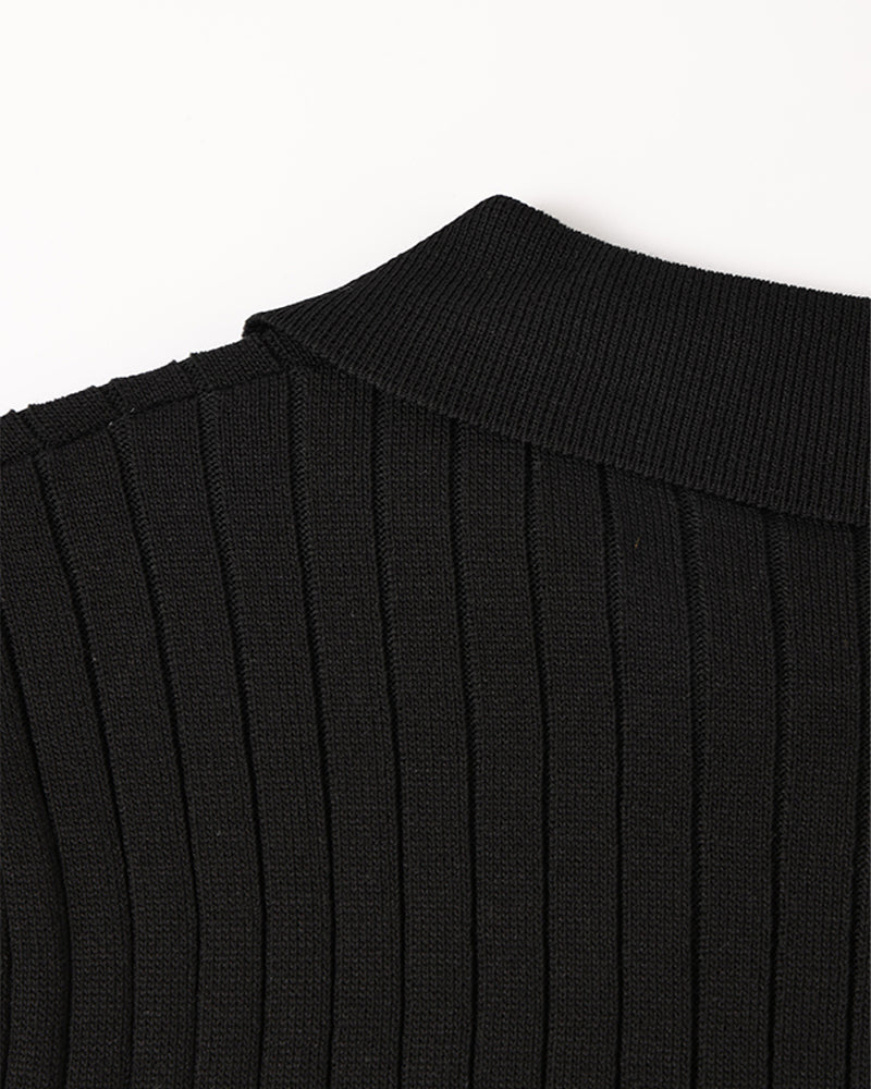Men's knitted cotton ribbed polo shirt with button collar, short sleeves