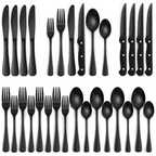 24-piece black stainless steel cutlery set for 4, including steak knives, matte black finish