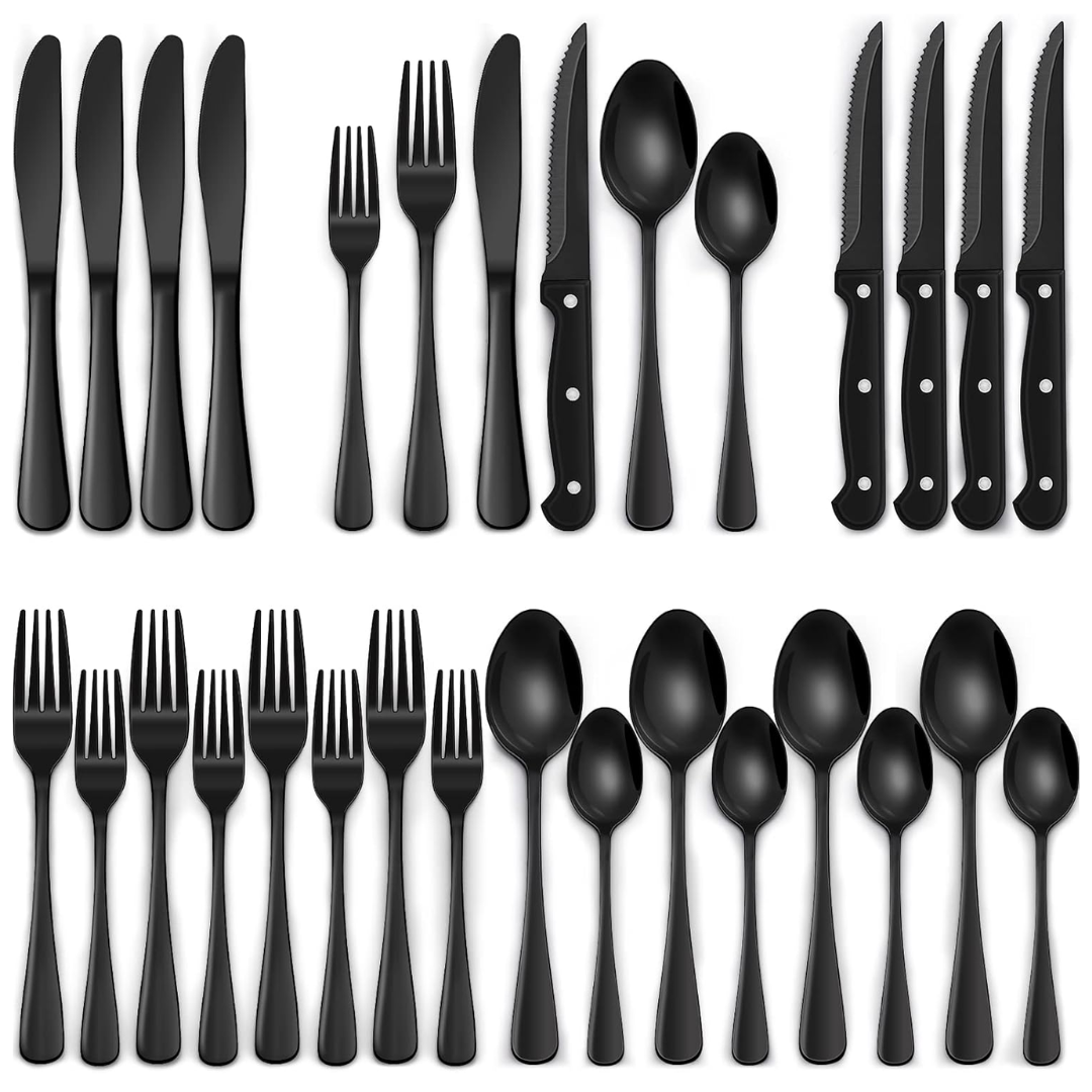 24-piece black stainless steel cutlery set for 4, including steak knives, matte black finish