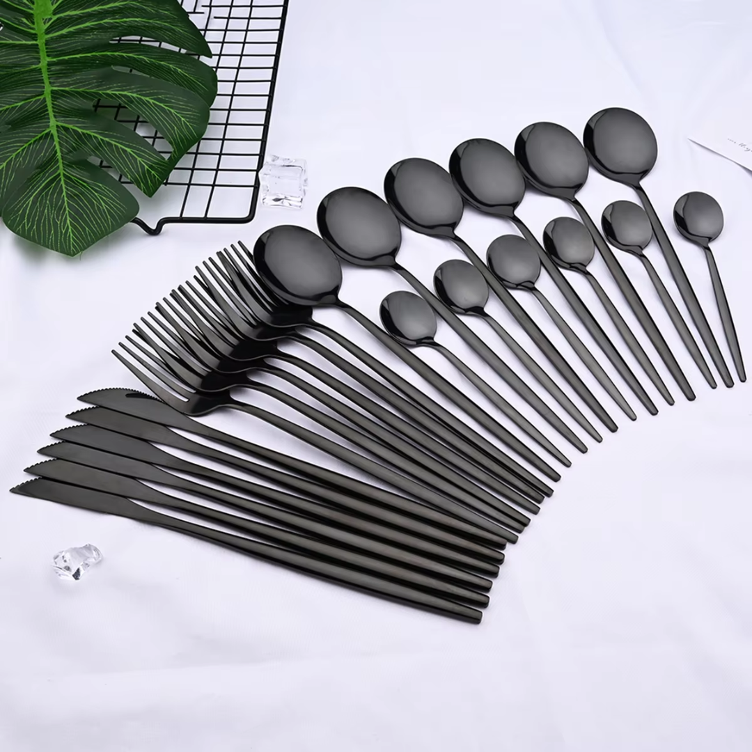 24-piece black stainless steel cutlery set for 4, including steak knives, matte black finish