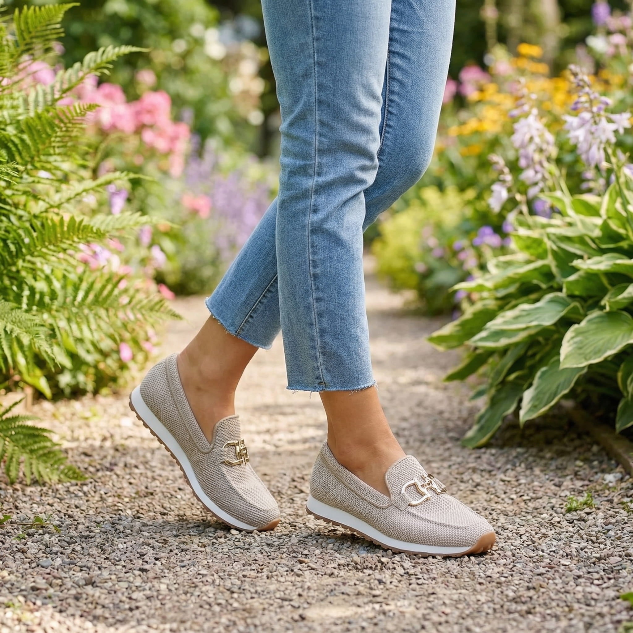 Women orthopedic loafer sneakers slip-on with cushioned insole and gold bit detail