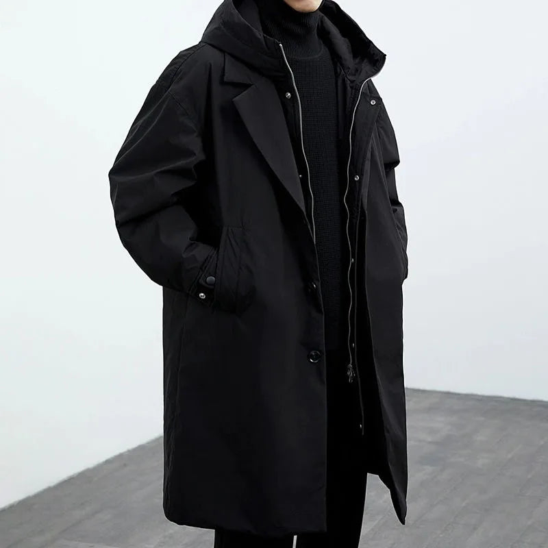 Lightweight water wind resistant long overcoat full zip with hood