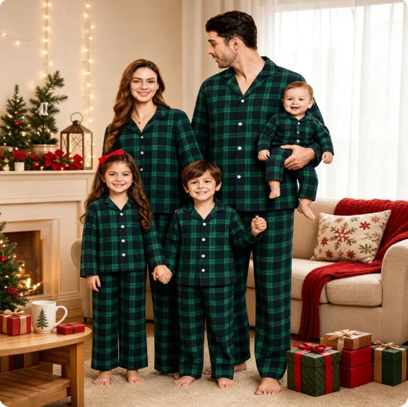 Christmas Pajamas Women Cotton Plaid 2 Piece Matching Family Set
