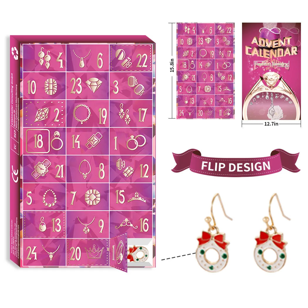 Jewelry Advent Calendar 24 Days Christmas Countdown Ring Necklace Earrings