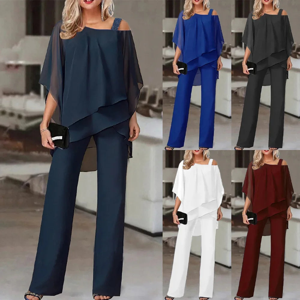 Women's two-piece set with off-shoulder top and fitted pants in vibrant colours