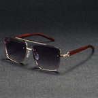 Metal frame square sunglasses gradient lenses UV protection vintage wooden arms