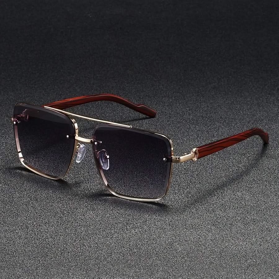 Metal frame square sunglasses gradient lenses UV protection vintage wooden arms