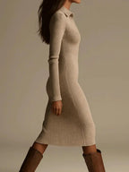 Women ribbed midi dress long sleeve high waist fold over collar beige