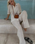 Women 2 piece crochet lounge set bohemian striped top and pants