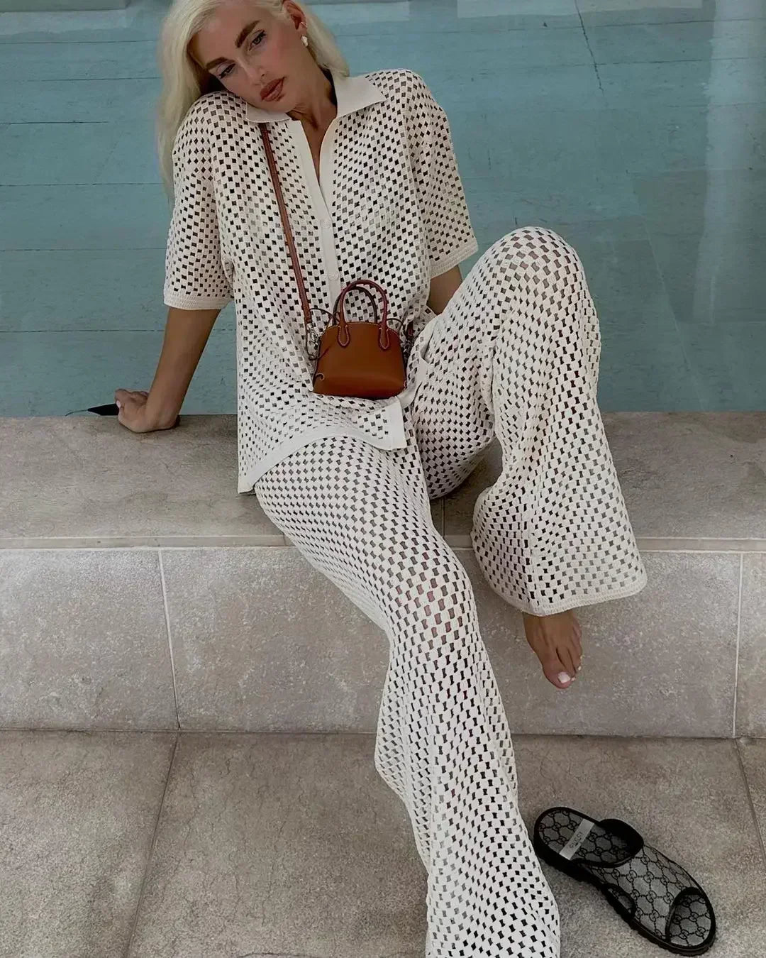 Women 2 piece crochet lounge set bohemian striped top and pants