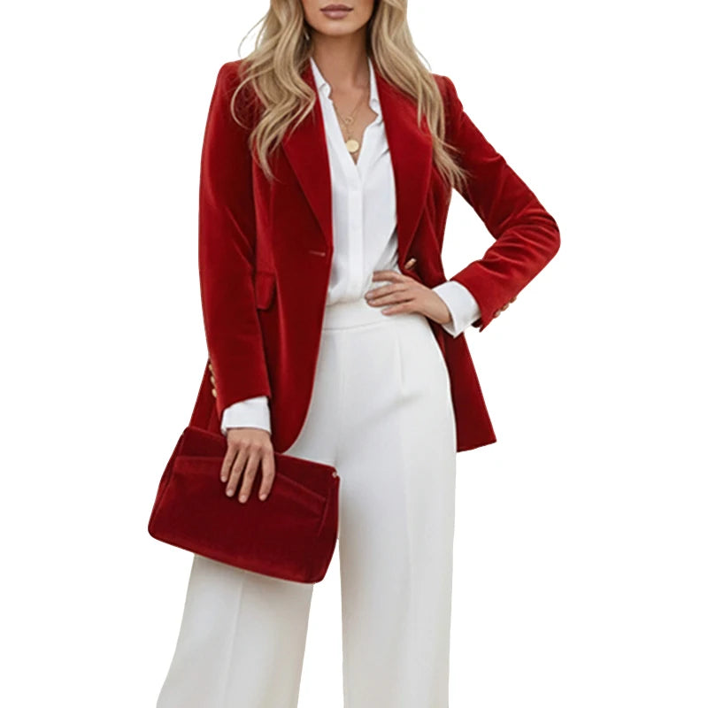 Velvet Blazer Women Formal Long Sleeve Notched Collar Tailored