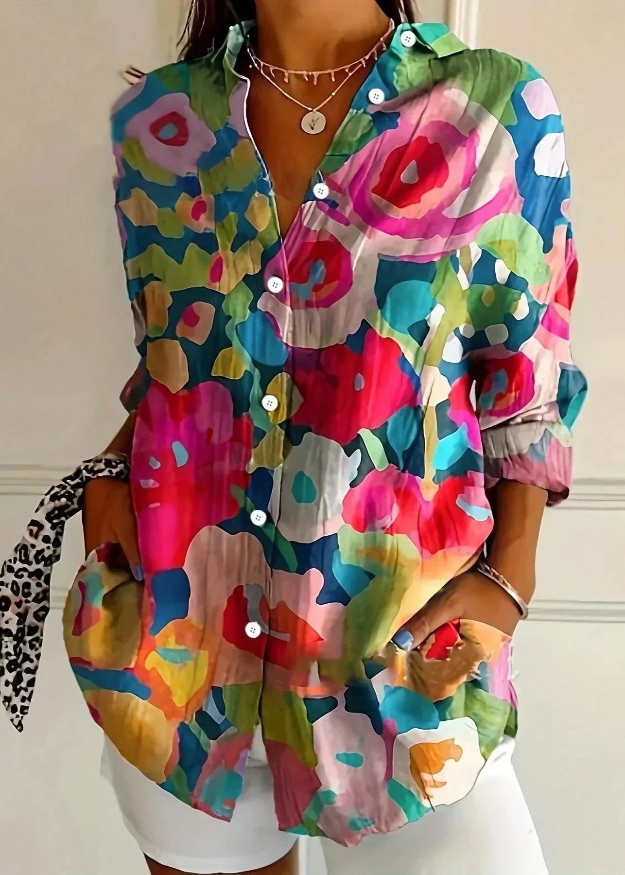 Women's cotton printed blouse button-up front, lightweight summer casual top