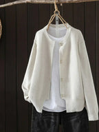Women crew neck cardigan with pearl buttons relaxed fit in multiple colors