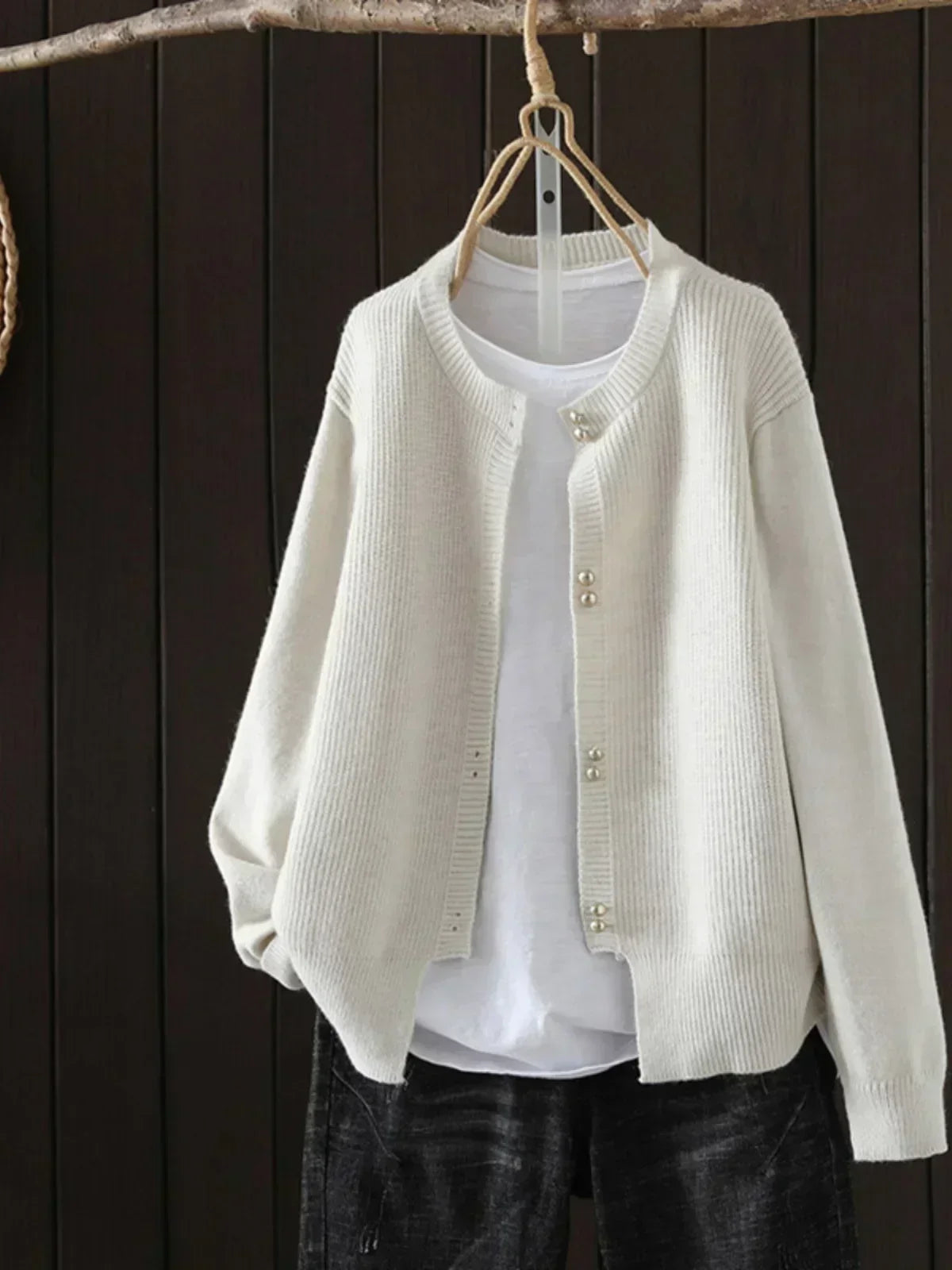 Women crew neck cardigan with pearl buttons relaxed fit in multiple colors