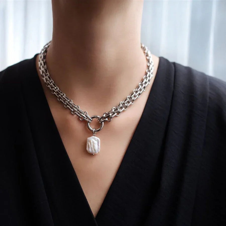 Baroque freshwater pearl necklace with dual tone gold and silver chain