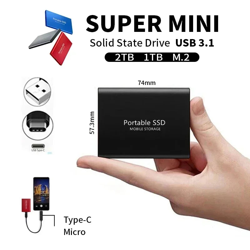 External SSD 2TB USB 3.1 USB-C portable storage drive, compact and lightweight