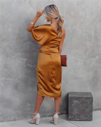 Women asymmetrical off shoulder dress sleeveless midi length