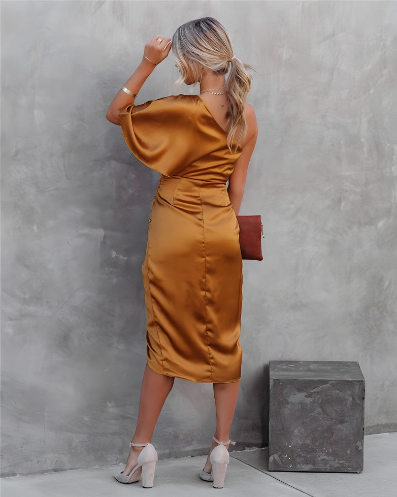 Women asymmetrical off shoulder dress sleeveless midi length