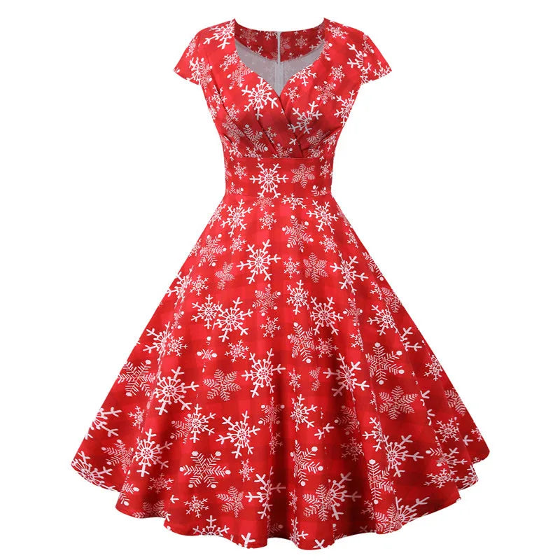 Christmas Party Dress Women Short Sleeve Vintage V Neck Swing