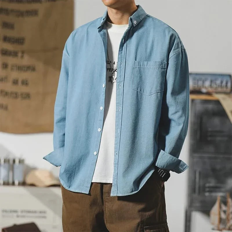 Denim button-up shirt relaxed fit with distressed finish in light blue
