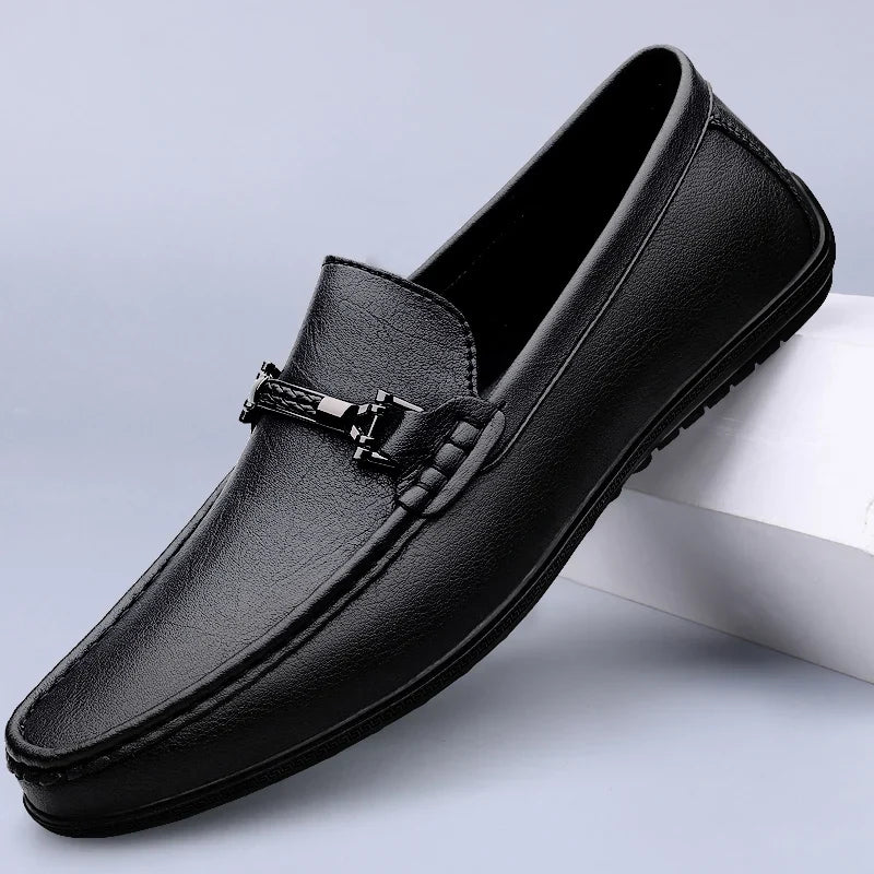 Men genuine leather loafers with metallic rope accent and cushioned insole