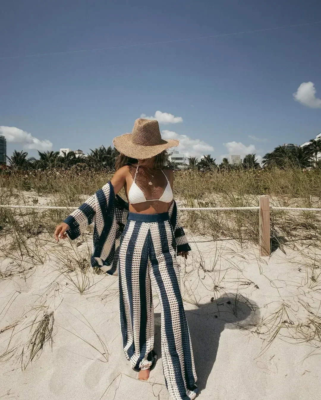 Women 2 piece crochet lounge set bohemian striped top and pants