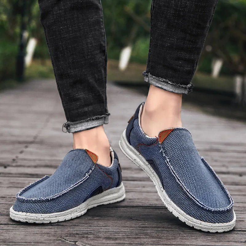Canvas slip-on loafers with cushioned insole in khaki blue and grey