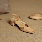 Women leather block heel pumps closed toe with adjustable buckle strap