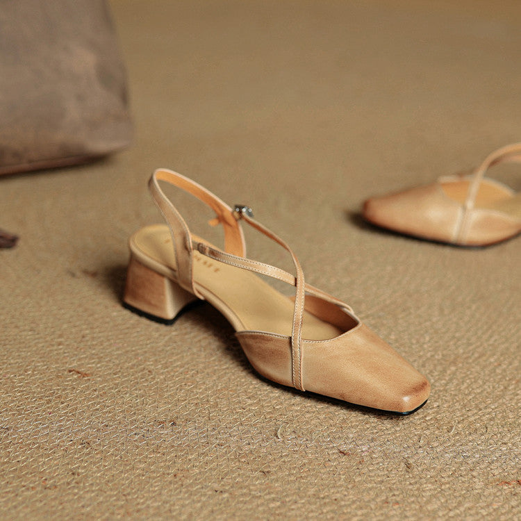 Women leather block heel pumps closed toe with adjustable buckle strap