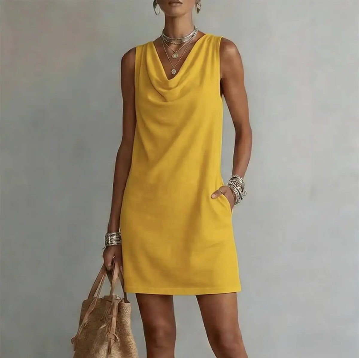 Women's mini dress cowl neck sleeveless A-line silhouette with side pockets