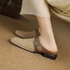 Women suede leather clogs with adjustable buckle strap in brown and beige