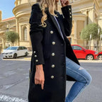 Women long coat buttoned front with side pockets classic collar