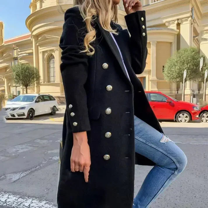 Women long coat buttoned front with side pockets classic collar