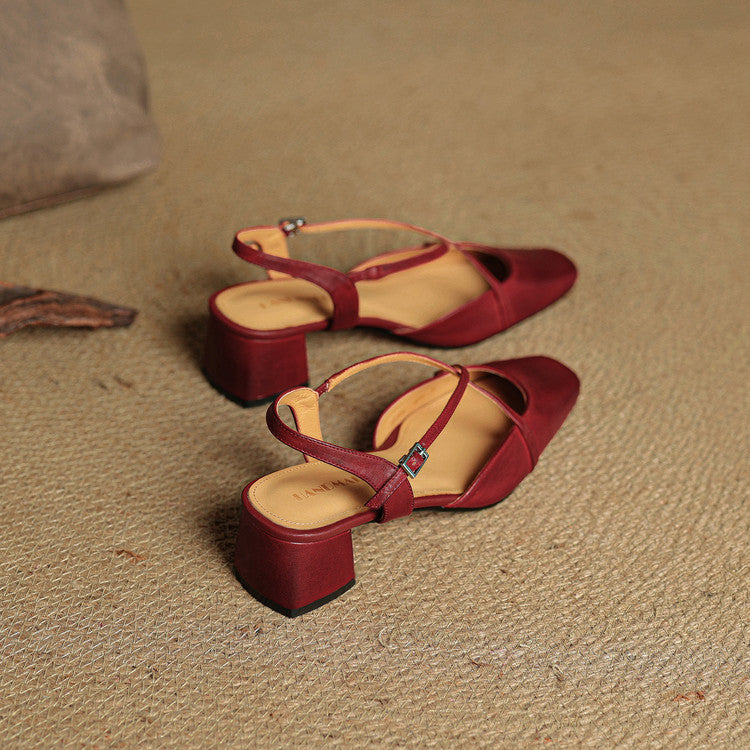 Women leather block heel pumps closed toe with adjustable buckle strap