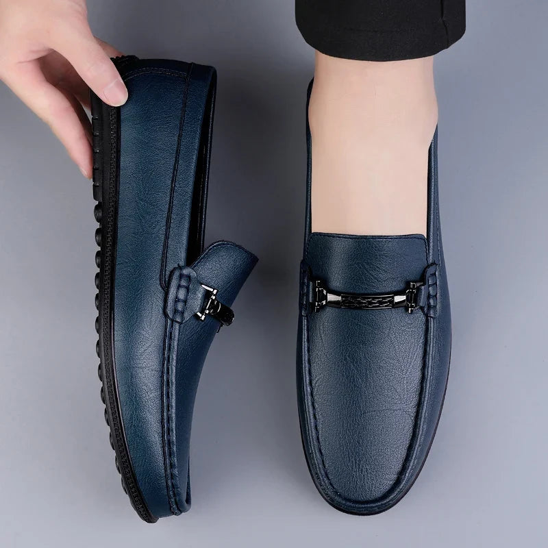 Men genuine leather loafers with metallic rope accent and cushioned insole