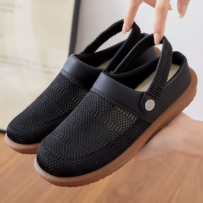Women mesh slip-on clogs with cushioned footbed and elastic heel strap