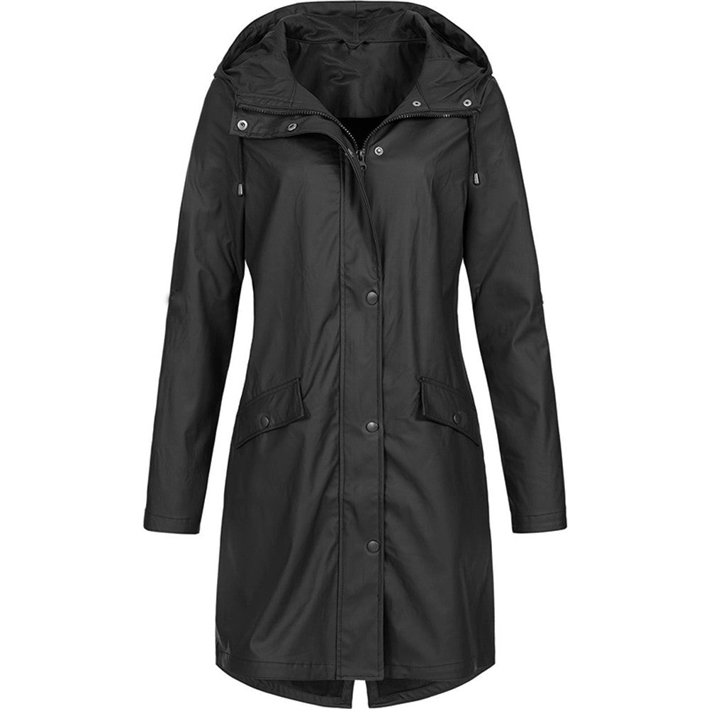 Women hooded long rain jacket A-line silhouette below knee length