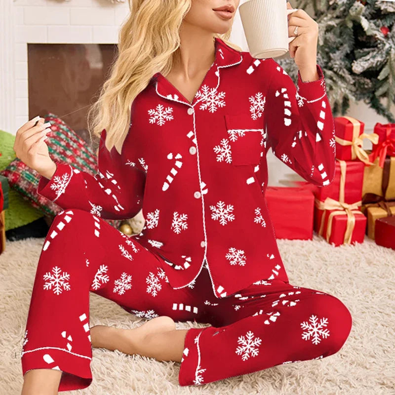 Christmas Pajamas Women 2 Piece Long Sleeve Snowflake Print Set