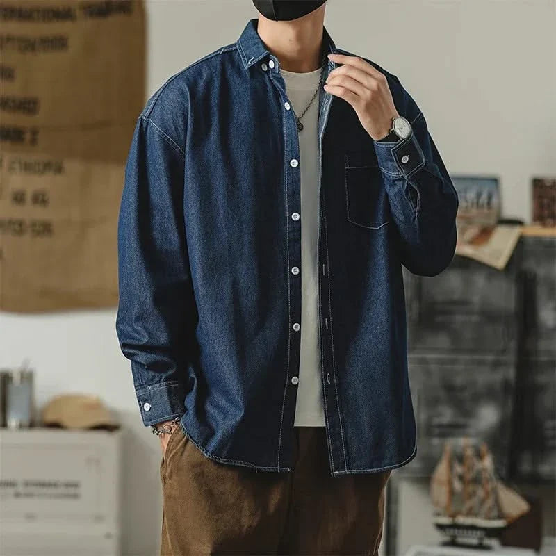 Denim button-up shirt relaxed fit with distressed finish in light blue
