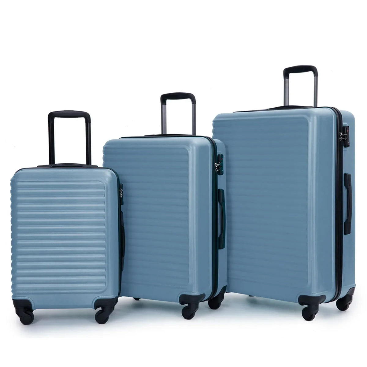 Blue 3-piece ABS hardshell luggage set with TSA lock and 360 spinner wheels