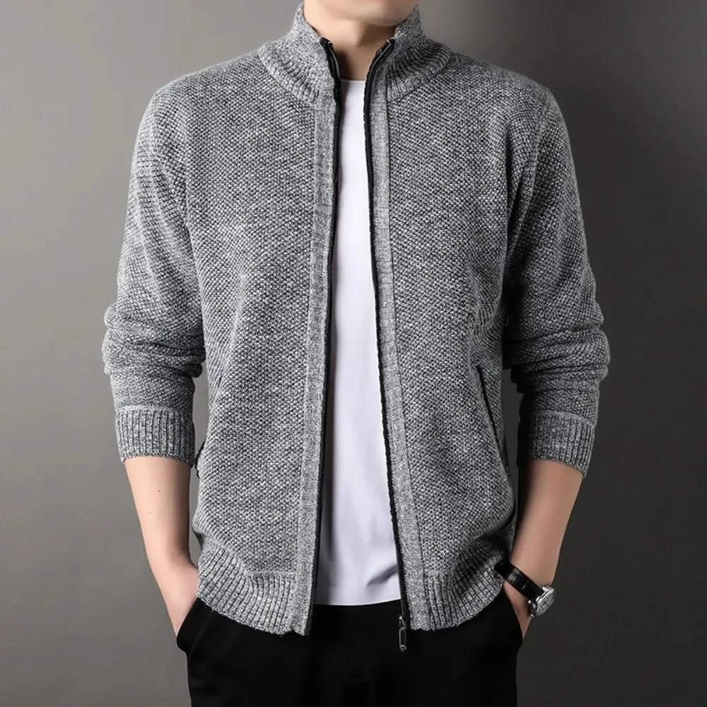 Knit full zip jacket with stand-up collar and side pockets
