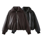 Women faux leather oversized bomber jacket with ribbed cuffs and soft lining