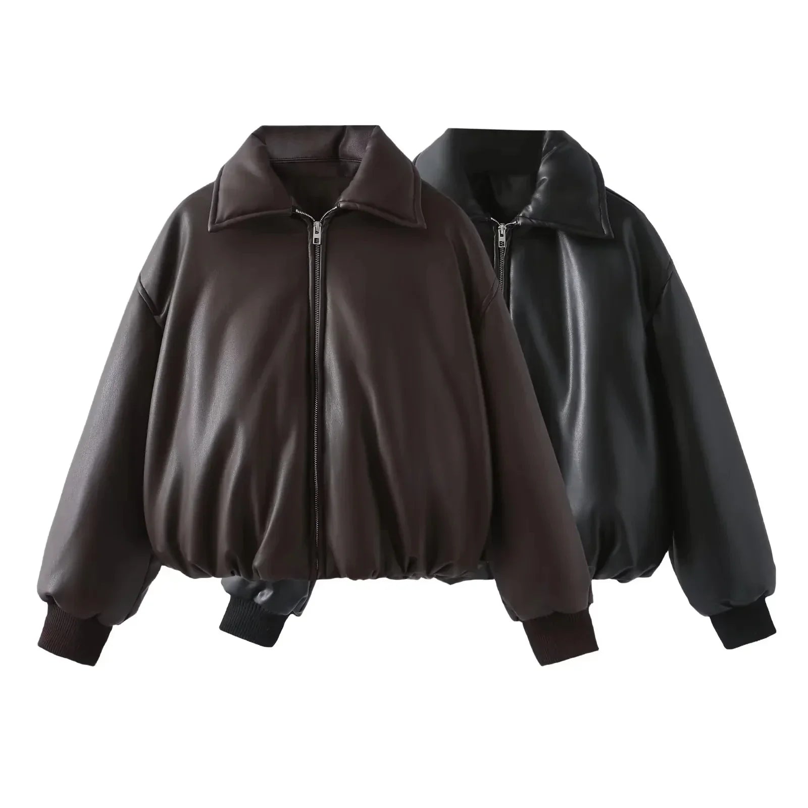 Women faux leather oversized bomber jacket with ribbed cuffs and soft lining