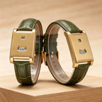 Leather strap square case minimal quartz watch with split hour and minute display