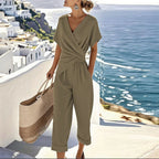 Women's two-piece set with wrap-front top and tapered trousers, summer coordinated outfit